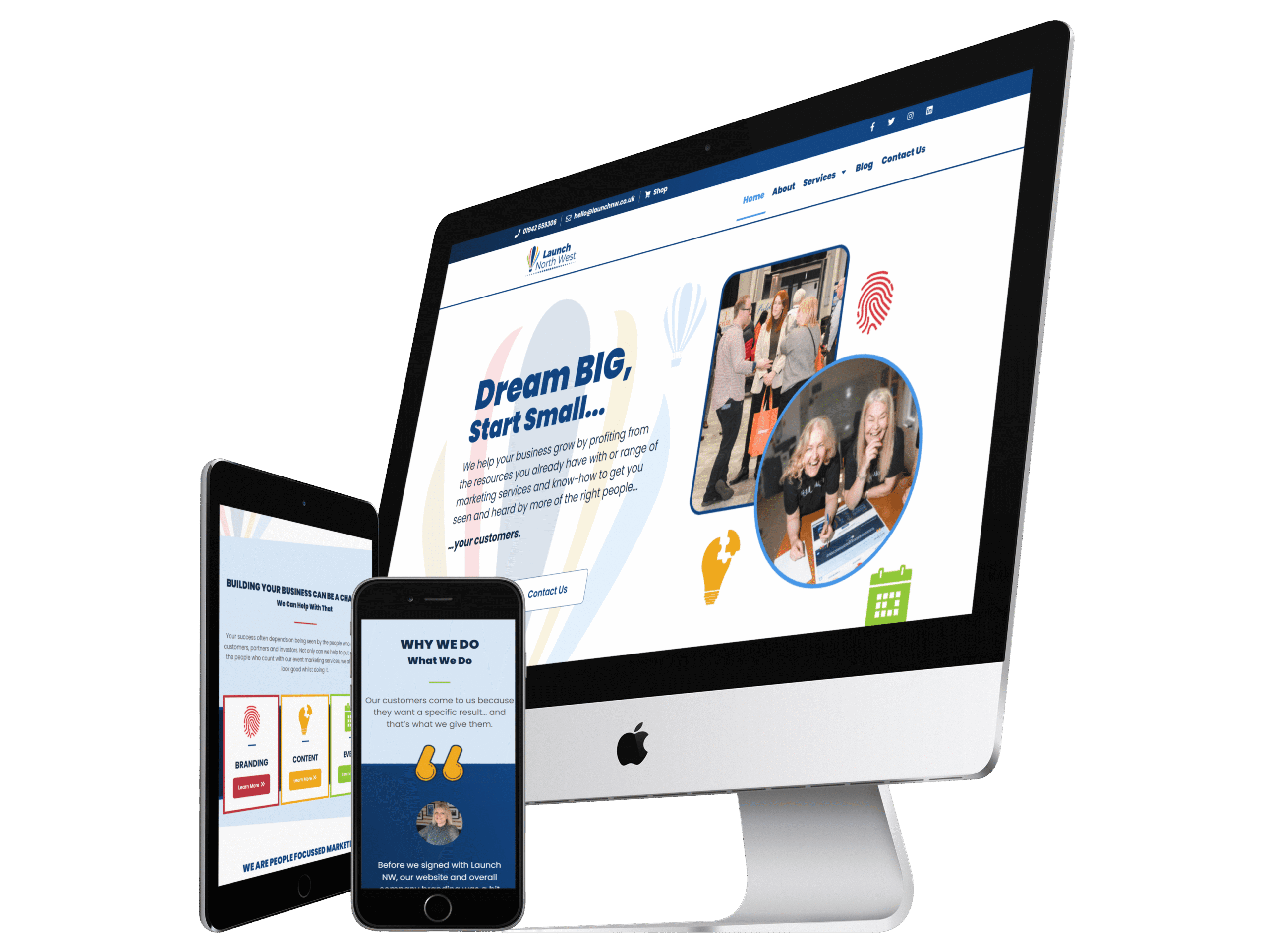 image shows a mockup of launch north wests website shown on a desktop computer, mobile phone and tablet to represent its Branding Services.