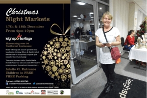 image shows the flyes for the christmas markets along side a photo of nichola howard