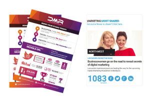Image shows the flyer for the digital marketing roadshow and a snippit from a news article
