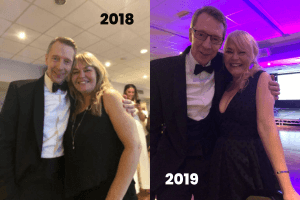 image shows two pictures side by side of nichola at the Wigan business awards with andy crane