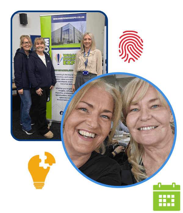 Collage featuring the two founders of Launch North West. One photo shows the sisters standing together at a Wigan Business Expo event in front of the Launch North West exhibition stand. The second is a close up selfie of them smiling. Decorative fingerprint, lightbulb and calendar icons surround the images.