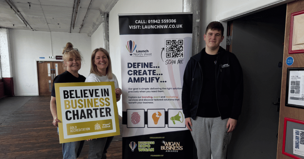 Nichola Howard, Jo Leigh and Oliver Senior from Launch North West are celebrating the Believe in Business Gold award
