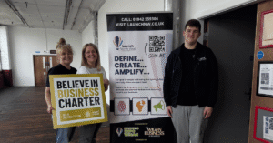 Nichola Howard, Jo Leigh and Oliver Senior from Launch North West are celebrating the Believe in Business Gold award