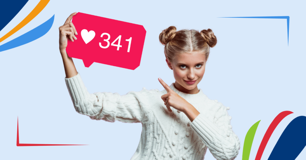 A person points to a pink notification bubble with a white heart and the number 341.