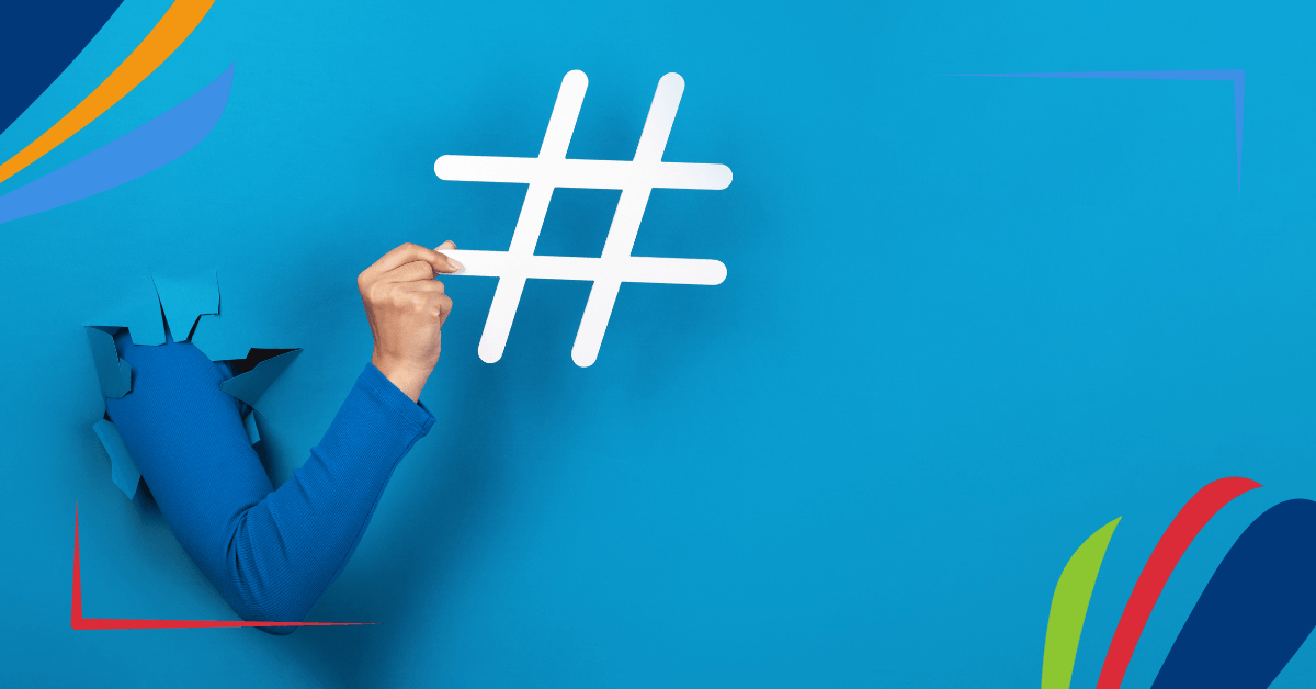 A blue-sleeved arm emerges from a torn blue background, holding a white hashtag symbol.
