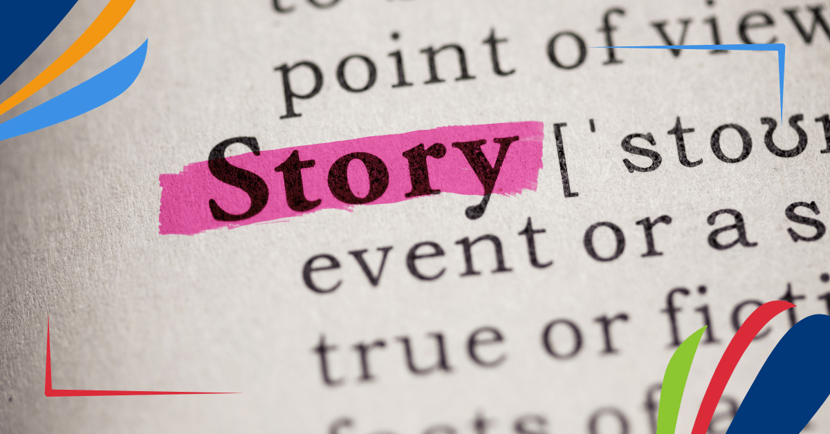 The word "Story" is highlighted in pink on a dictionary page, with surrounding text providing a definition.