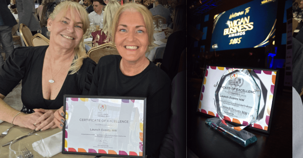 Two women smiling at the Wigan Business Awards 2025, holding a Certificate of Excellence awarded to Launch Events NW, alongside a photo of the award trophy.